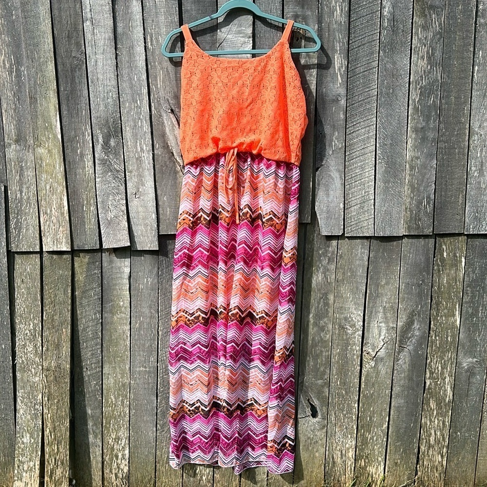 Faded Glory Spaghetti Strap Maxi Dress Orange with Zigzag size Medium 8-10